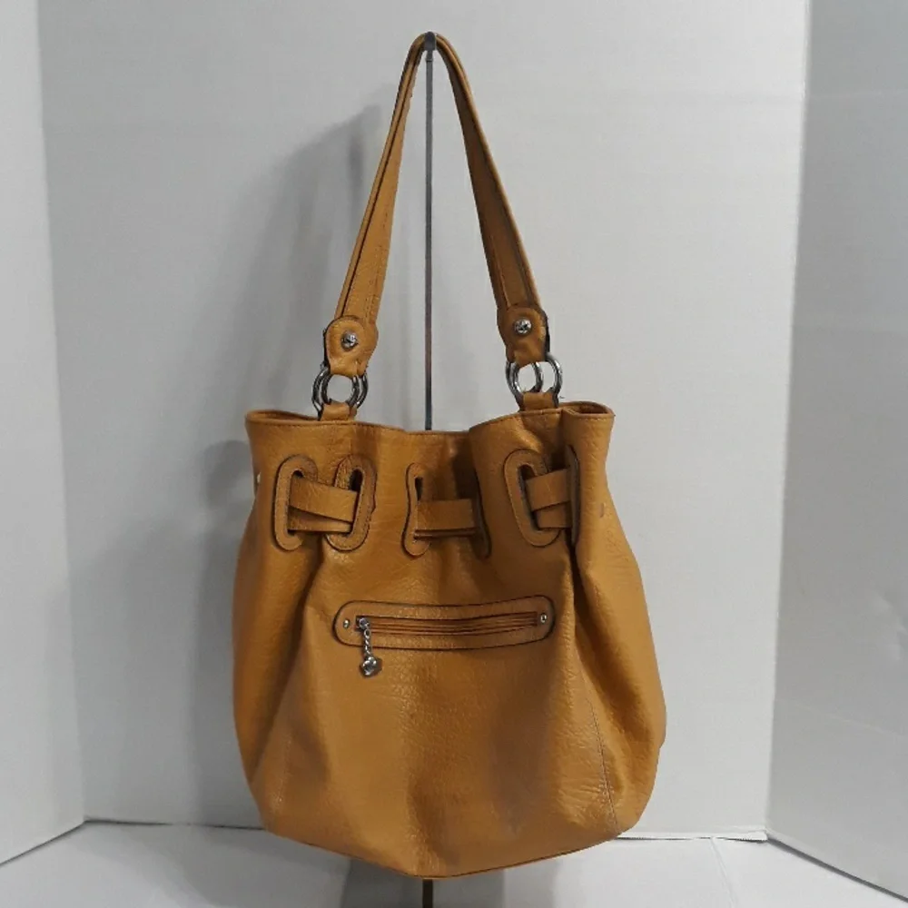 Kathy Van Zeeland Metal Studded Drawstring Bucket Bag In Mustard Yellow *EUC* - Picture 6 of 11